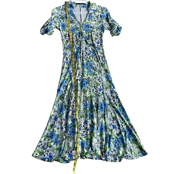 Atos Lombardini Blue Green Floral Maxi Dress Collared V-Neck Size 46 Flowy Italy - Picture 4 of 7